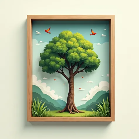 an illustration of a tree in a frame with birds flying in the air around it, amazing splashscreen artwork, well - designed digital art, well-designed digital art, 3d flat layered paper shadow box, beautiful frames, framed in image, abstract scene design, m...