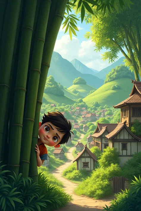 A picturesque village surrounded by lush green hills and a vibrant bamboo forest, with a curious boy named Leo peeking out from behind a tree.