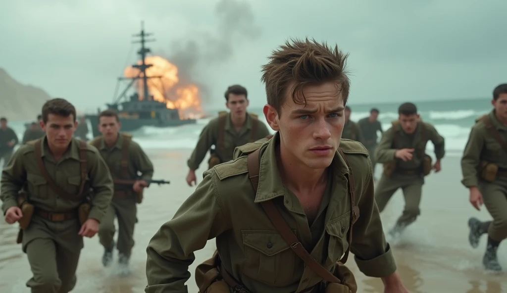 A chaotic Normandy beach during D-Day, waves crashing against the shore. Soldiers in World War II uniforms, mostly young men, running from a landing craft under heavy fire. Smoke fills the air, explosions going off in the background, while the ocean appear...