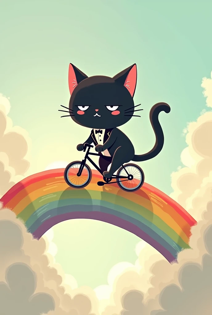 Fantasy Anime Illustration, Running over the Rainbow Bridge, Cute black cat kid wearing a tuxedo、In the sky, riding a bike over the Rainbow Bridge、After the rain, Sunlight shining through the clouds, Aerial, Children&#39;s books, Pop Color，A minimalist ill...