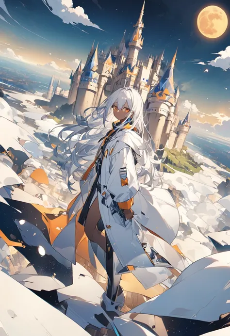 Lunar Surface、Moon King、Brown Skin、White Hair、Orange Eyes、Castle on the Moon、White Earth、Alone、White coat