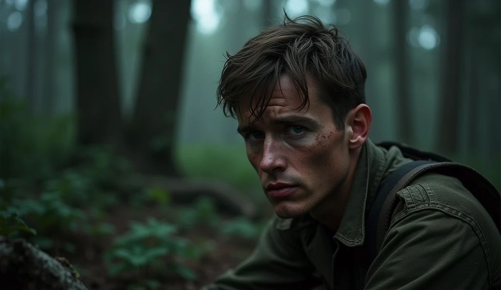 A tense close-up shot of a white male in his late 20s with short brown hair and blue eyes, dressed in a dirty WWII soldiers uniform. He is crouching in the dense, shadowy forest, wiping sweat from his brow, with a faraway look in his eyes as he stares into...