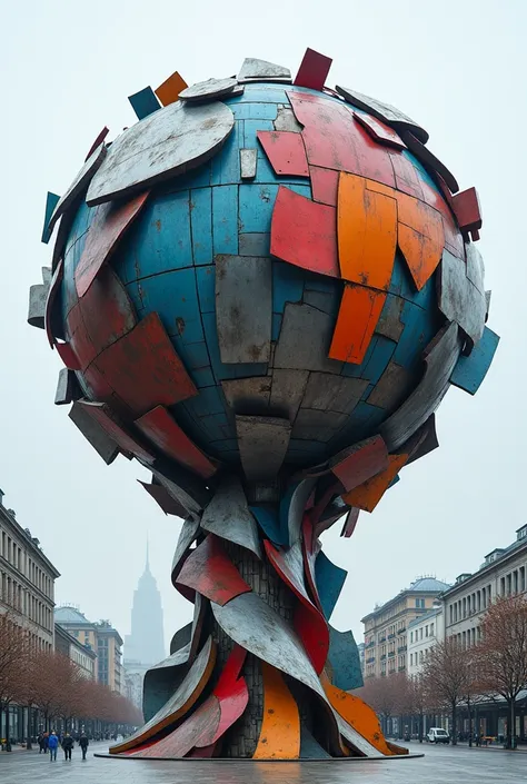 Generate a monumental sculpture that is shape like globe resonates the artistic chaos and vibes 