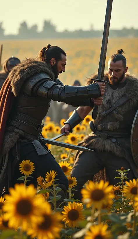 An epic battle of Viking warriors in a field of sunflowers,  cena inspired by tv series vikings,  impressive battle scene from the tv series Vikings 