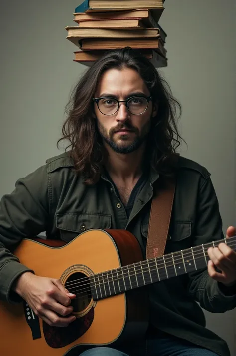 A guitarist with long hairs and short beared books on his head wearing round glasses looking at viewer sad