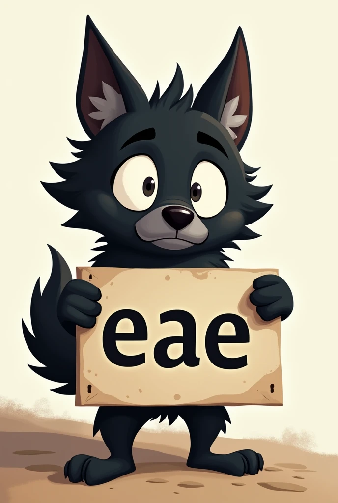 A scared black wolf made in 2D, holding a sign saying " Eae "