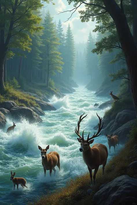 A dramatic scene of a violent river rushing rapidly, with the forest animals frightened on the shore