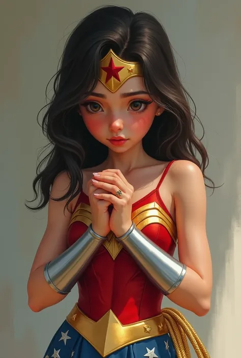 Young teenage girl dressed as Wonder Woman, Look at your own hands and be embarrassed, short ,looking down, beautiful,