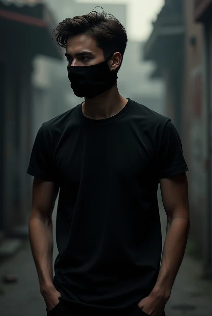  A young man
He was wearing black t shirt,a black
Mask 