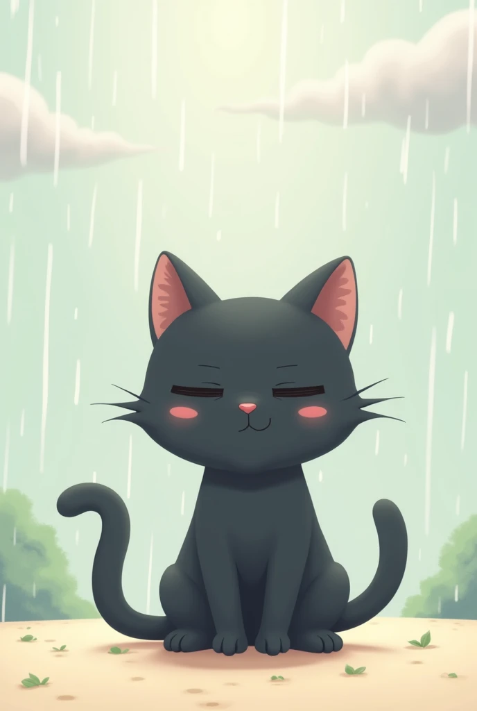 Fantasy Anime Illustration, Cute black cat kid、After the rain, Sunlight shining through the clouds,  Children&#39;s books, Pop Color，A minimalist illustration of a cat sitting down with a slightly lazy and annoyed expression. The cat has smooth, simple lin...