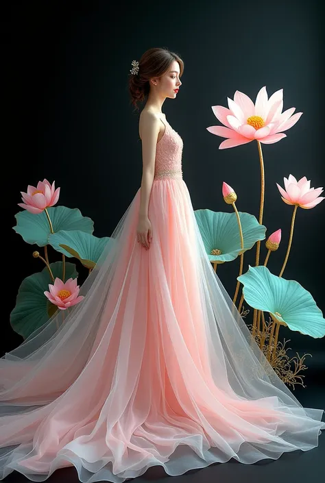 A hi-definition art image cut out on rice paper, fragile rice paper, fine and delicate, 80% transparent, elegant transparent pastel lotus flowers, golden stems, a beautiful bride with soft pastel pink flower wedding dress, dynamic flow, delicately colored ...