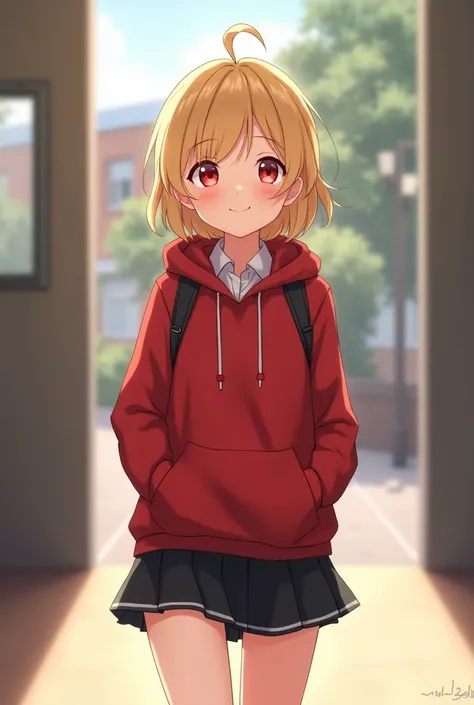 Blonde、Short、Ahoge、Red Eye、uniform、Red hoodie、Black shorts、Slim figure、Thin legs、Small breasts、smile、One high school girl