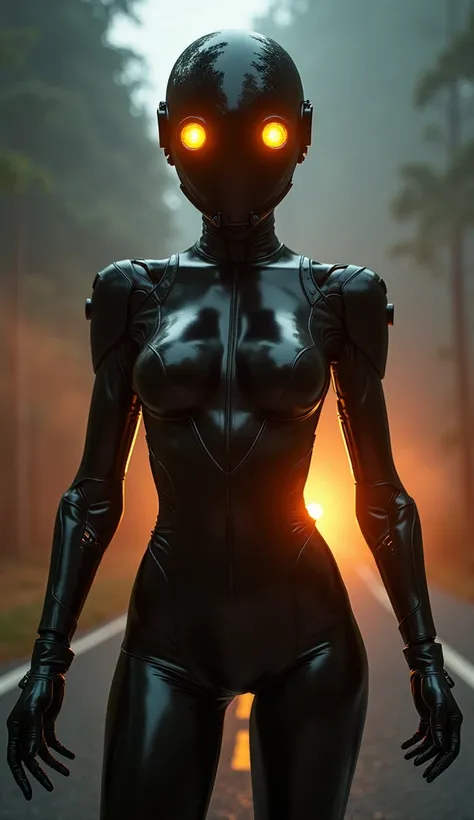 A FEMALE ANDROID IN A TIGHT BLACK LATEX UNIFORM, SHE WEARS A MOTORCYCLE HELMET WITH THREE SIDE-MOUNTED HEADLIGHTS AND BACKLIT EYES, EXTREMELY POWERFUL HALOGEN HEADLIGHTS ILLUMINATED IN YELLOW COLOR, LENS FLARE, real as a mirror, BOKEH EFFECT. silhouette, D...