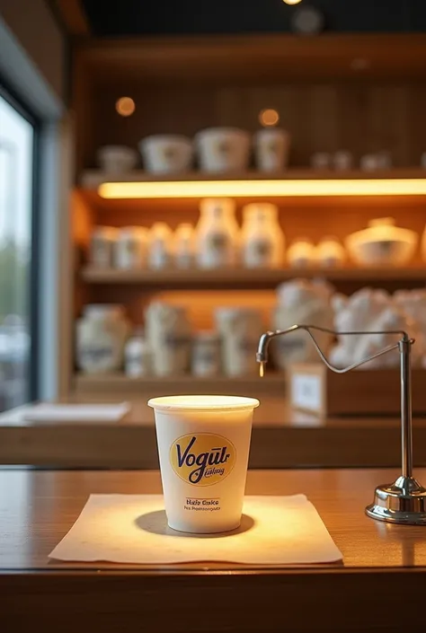 Create an eye-catching display case in a dairy store with a product on display that is yogurt with the Chugur brand , with spotlights