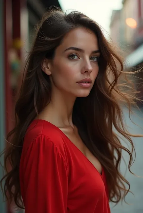 wind-swept hair, long wavy brown hair, vibrant red top, side view, outdoor urban setting, soft lighting, ethereal atmosphere, gentle shadows