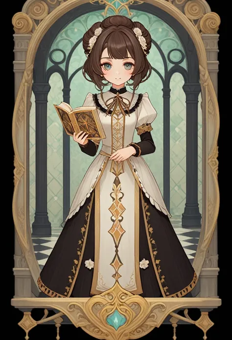 1 little girls, Holding a book, Lolita costume, Full body standing painting, (((solo))), Clear facial features, Simple line design, ((tarot card background, symmetric beauty)), perfectly symmetrical, The art of symmetry, Standing drawings of characters, ((...