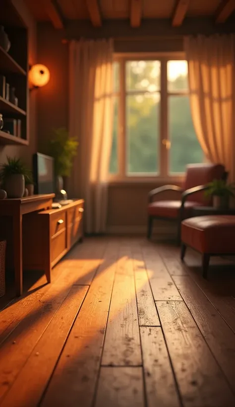 A cozy, warm wooden floorboard background with soft lighting and shadows falling from the surroundings. The atmosphere feels inviting, with muted tones and a blend of orange and brown hues. Remove any technological devices or game elements, focusing on the...