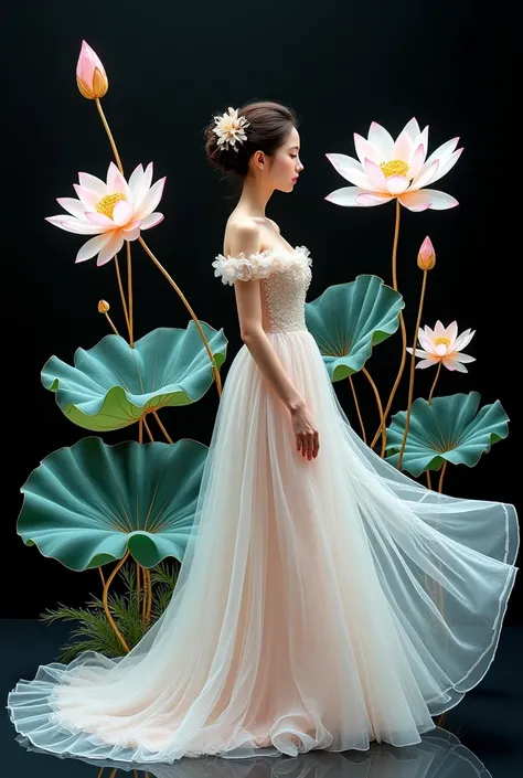 A hi-definition art image cut out on rice paper, fragile rice paper, fine and delicate, 80% transparent, elegant transparent pastel lotus flowers, golden stems, a beautiful bride with soft pastel pink flower wedding dress, dynamic flow, delicately colored ...