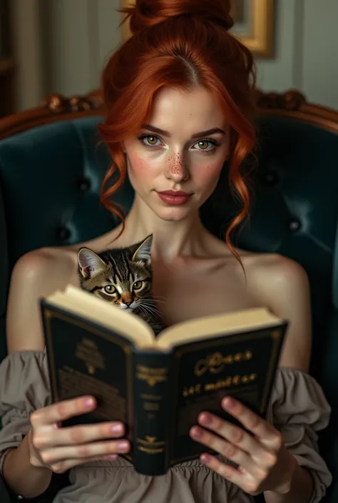 
Lady with red long hair in a bun with freckles on her nose, she has lovely brown eyes with long eyelashes and has a little cute kitten on her lap as she sits on a black velvet chair with a book in her hands, she is reading a book called ((Does it Matter))...