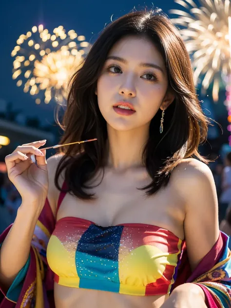 ((Top Quality)), ((Masterpiece)), ((Details)), ((Colorful)), ((upper body)), She looks delighted, ((the age of 25: 1.0)), ((Colorful clothes: 1.5)), ((a quite beautiful face: 1.4)), (Eyeshadow: 1.4), (Small breasts: 1.0), ((from the side: 0.5)), More Satur...