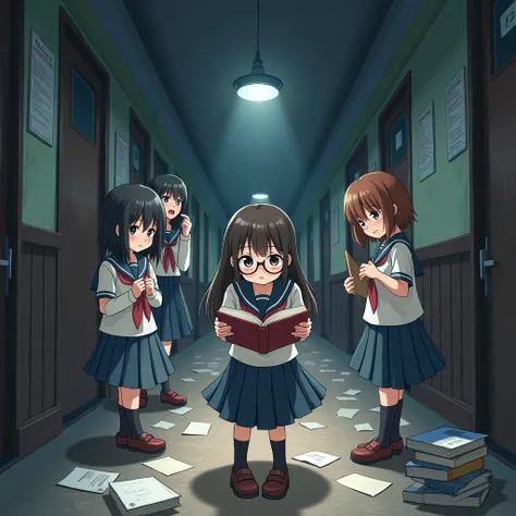 In the old school building，Four girls in uniform，One of them is wearing glasses，Scared, Looking around，Exploring, Reading a book，HD Images，Horizontal Screen，4K，Anime Style，Second Dimension，Cute and cute