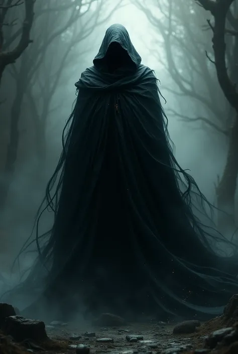 The King of Shadows can be visualized as an imposing figure, scary and mysterious. His form is shrouded in a black cloak, that seems to absorb the light around it, creating an aura of deep darkness. The fabric of the cloak moves as if it were made of smoke...