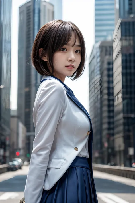 (masterpiece, best quality), (8k, photo realistic:1.2), Alone, Japanese woman, extremely detailed, straight bob hair, Thin Hair, beautiful detailed eyes, (Narrow eyes:1.5), shiny skin, detailed skin, cute, (smile:1.3), (Blurred Background, A row of skyscra...