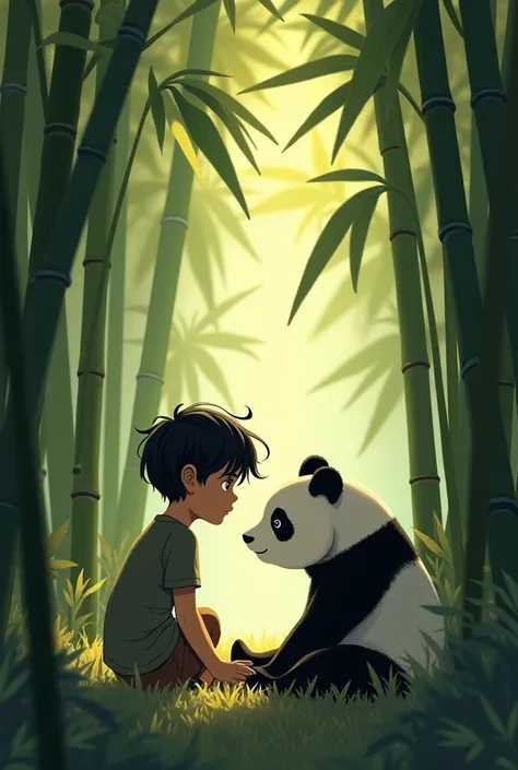 boy and Panda sitting under a shady bamboo grove, Pao looking distant and sad, while Leo looks on with concern.