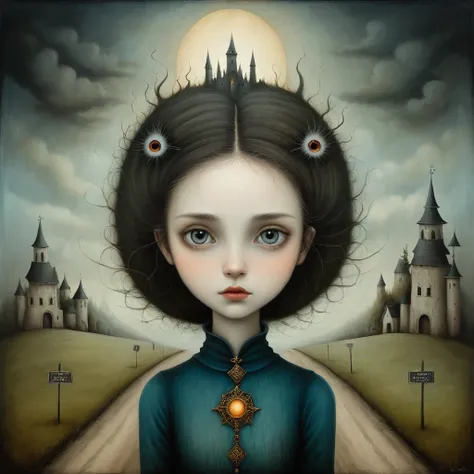 oil and acrylic painting. in the style of andy kehoe, nicoletta ceccoli, catrin welz-stein and jean baptiste monge. a young woma...