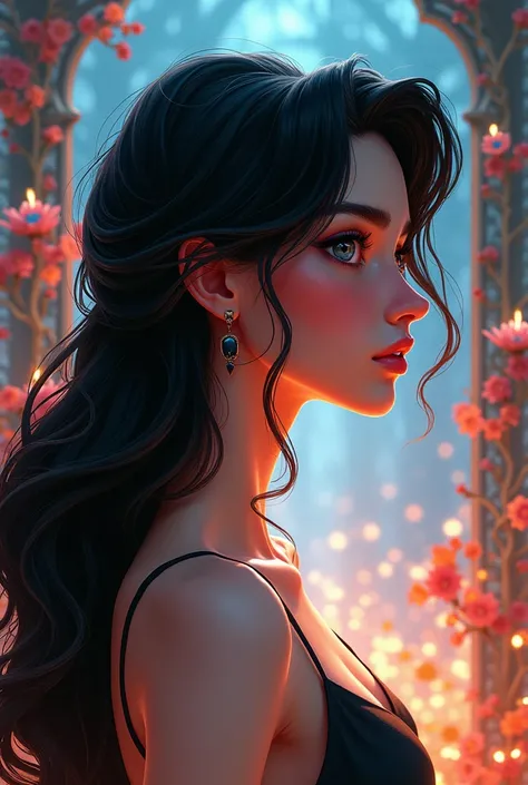 create a disney pixar style drawing of a beautiful woman with long hair and fair skin, profile, suspicious