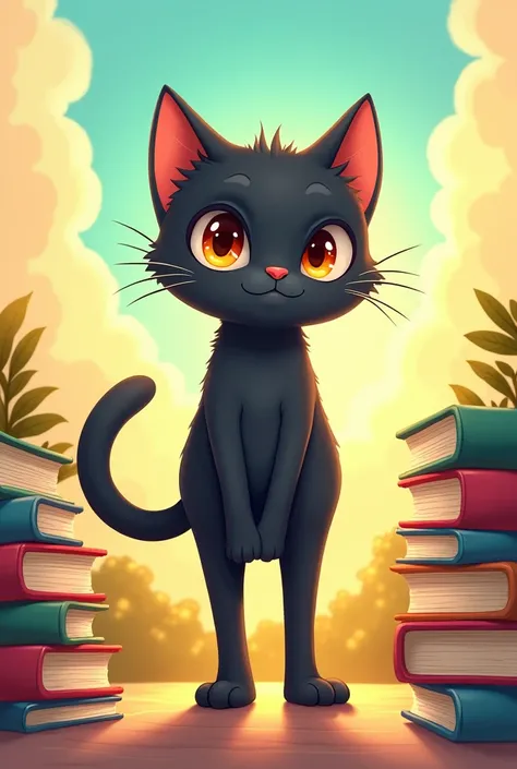 Fantasy Anime Illustration, Cute black cat kid、The tail is１Books, Sunlight shining through the clouds, Children&#39;s books, Pop Color，Annoyed look、３Head to Body、２Books足で立っている、