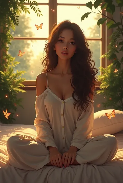 (photorealism:1.2), beautiful woman, sitting on bed, wearing loose off-shoulder top, pajama pants, long curly hair, indoors, soft lighting, plants in background, window with sunlight, cozy room, relaxed pose, realistic, intricate details, warm colors, by G...