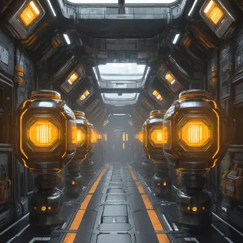 space station, archaic style, urbanism, obsolete infrastructure, knotty corridors, bridges between modules, vertical cylindrical lamps yellow and orange lamps, dust smog, high resolution, High detail, Very detailed, Ultrahigh definition, high quality, 