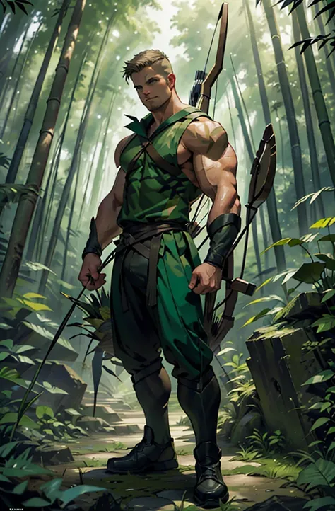 stephen amell as the green arrow costume with a bow and arrow, standing in a bamboo forest, 32k, hyper detailed, photorealistic,...