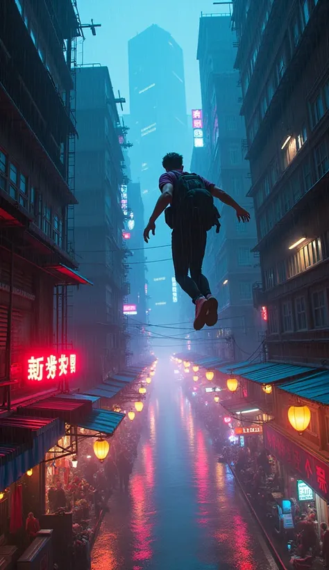 A rooftop chase in a bustling Hong Kong night market. The hero jumps from one neon-lit building to another, while rival agents pursue them. The vibrant cityscape glows in electric blues, reds, and pinks, with neon signs reflecting off rain-slicked streets ...