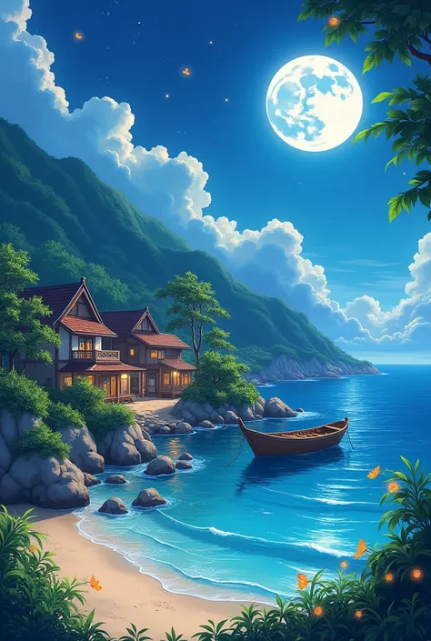 anime - style image of a beach with a boat and a village, anime scenery concept art, ross tran. scenic background, fishing village, high detailed official artwork, background art, renaissance port city background, detailed key anime art, official art, 8k h...