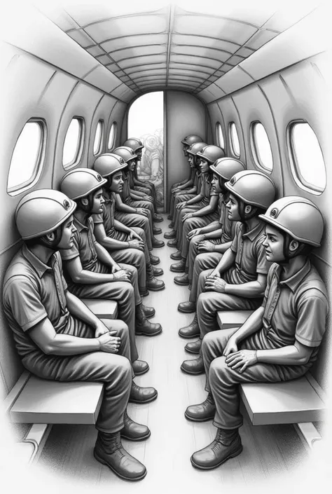 An artistic pencil drawing with shading of about ten young soldiers in uniform, but without a helmet they are inside a cargo plane that only has bench-type seats , whose faces show fear and supplications because the plane is about to fall