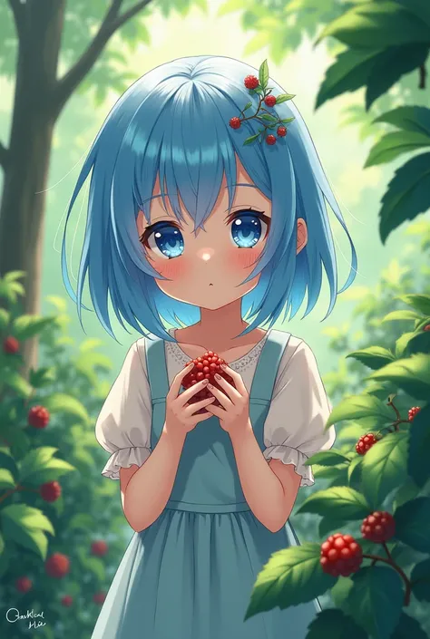 Blue haired anime girl, cyan eyes, looking at me when picking berries 
curious face, 
