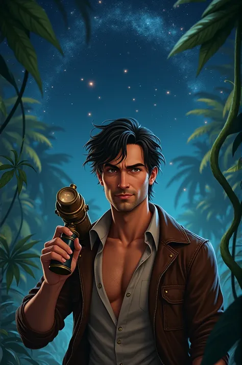 Realistic medium shot portrait of an attractive, sensual and daring animated film adventurer, a man possistive astronomer who observes the stars in an antique telescope.tropical jungle backgrounds, starry skies with constellations.