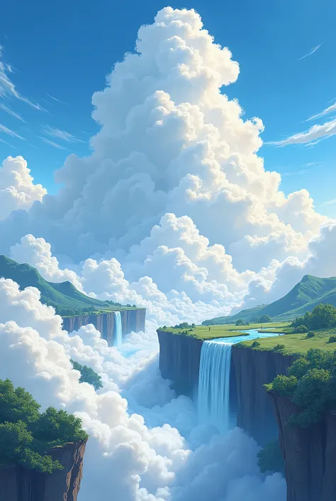 Beautiful sky　Impressive clouds　sea of clouds　waterfall　Beautiful views　Light　summer　Illustration　Precision Description　