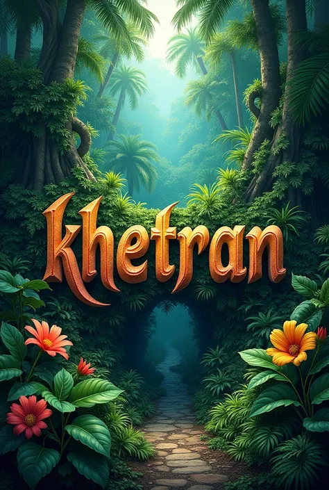 The word "KHETRAN" written as a wallaper with a jungle background 
