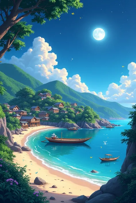 anime - style image of a beach with a boat and a village, anime scenery concept art, ross tran. scenic background, fishing village, high detailed official artwork, background art, renaissance port city background, detailed key anime art, official art, 8k h...