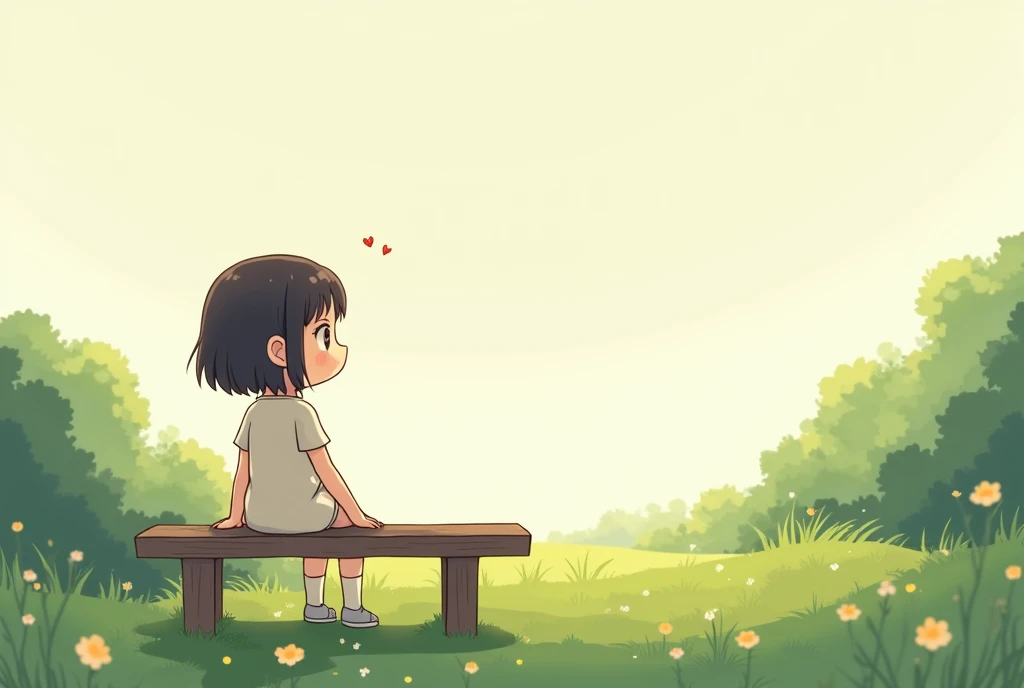 1 girl sitting on a bench in the garden，Looking into the distance thoughtfully，A thoughtful expression on his face。Cartoon，可爱Cartoon，可爱Cartoon风格，Cute illustration，Clean anime art，Simple background