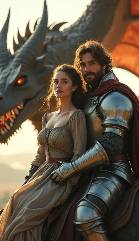 A man wearing a knight&#39;s armor and a woman wearing a closed-neck dress. short hair smiling at the camera. riding a red eyed winged dragon. And spews fire from his mouth. realistic photo. Photo taken from a far angle. 