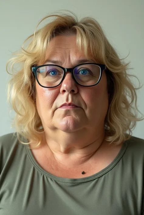 Very ugly fat blonde cross-eyed woman with glasses 
