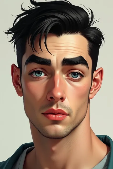 A man with thick eyebrows, black hair, white skin, a little tanned, reddish lips, Eye color, a dark blue, long eyelashes, oval face shape, but a little square, realistic