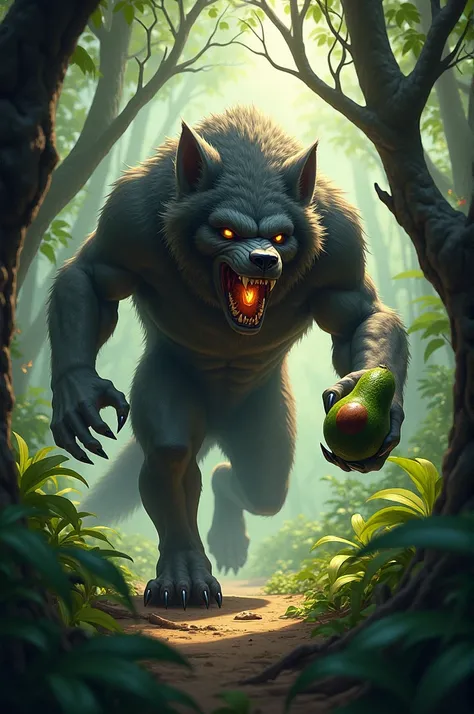 Werewolf in the jungle with an explosive avocado in his hand