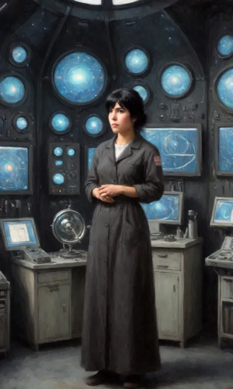 Technician dressed as a black-haired young woman with a serious expression, the background is a large scientific observatory with many large screens and staff