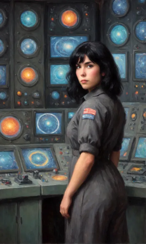 Technician dressed as a black-haired young woman with a serious expression, the background is a large scientific observatory with many large screens and staff