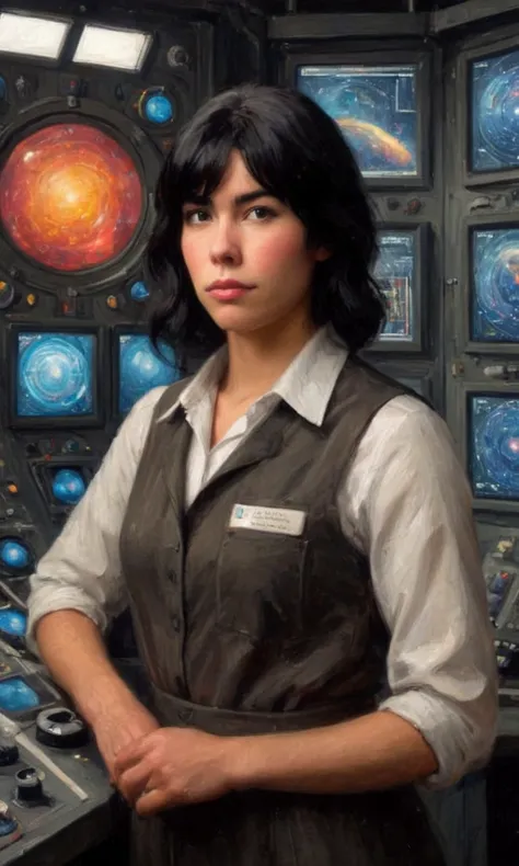 Technician dressed as a black-haired young woman with a serious expression, the background is a large scientific observatory with many large screens and staff